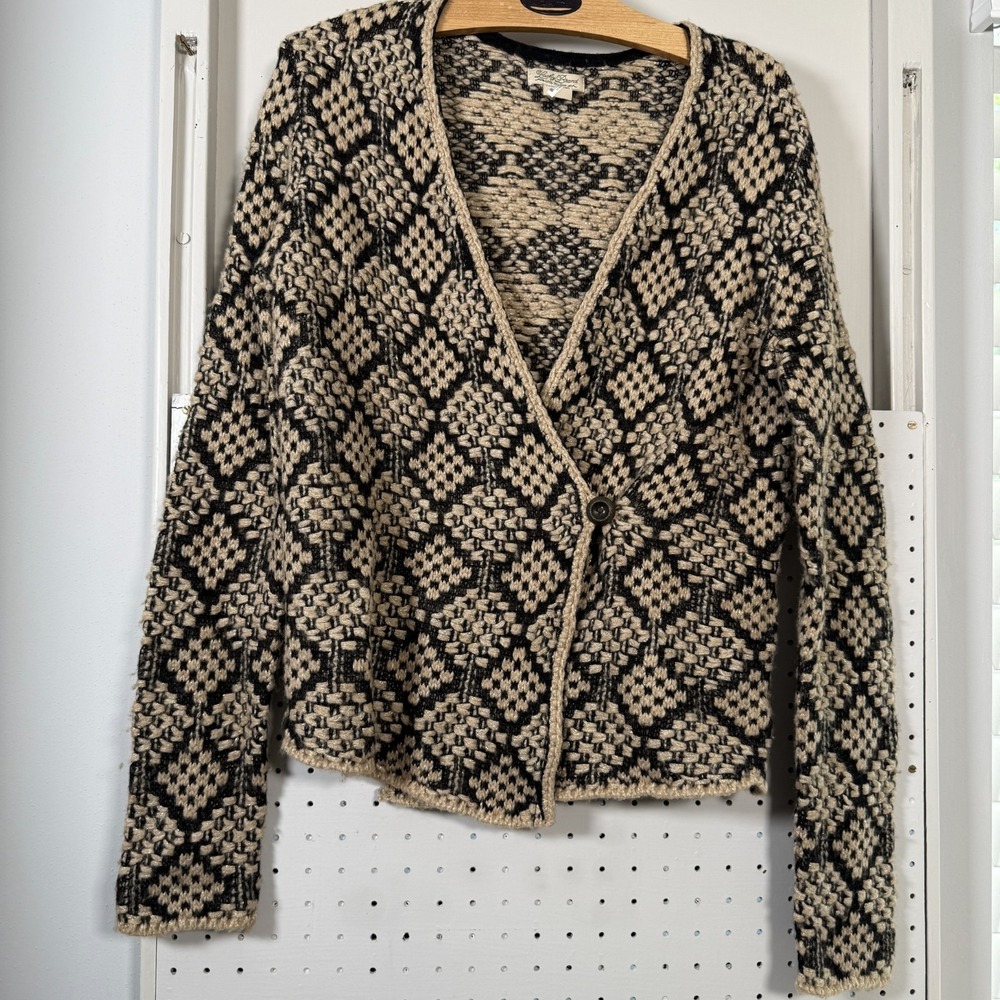Lucky Brand Single Button Cardigan Womens Black Gold Diamond Knit Sweater Medium